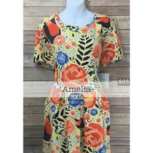NWT Lularoe Amelia dress 3XL 3X fit & flare floral rose bird garden nature